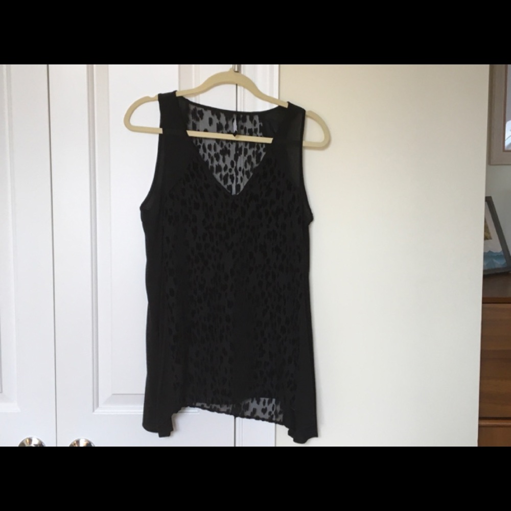 SANCTUARY sheer-back tank top, V-neck, black, animal print front.  Flowy bottom.